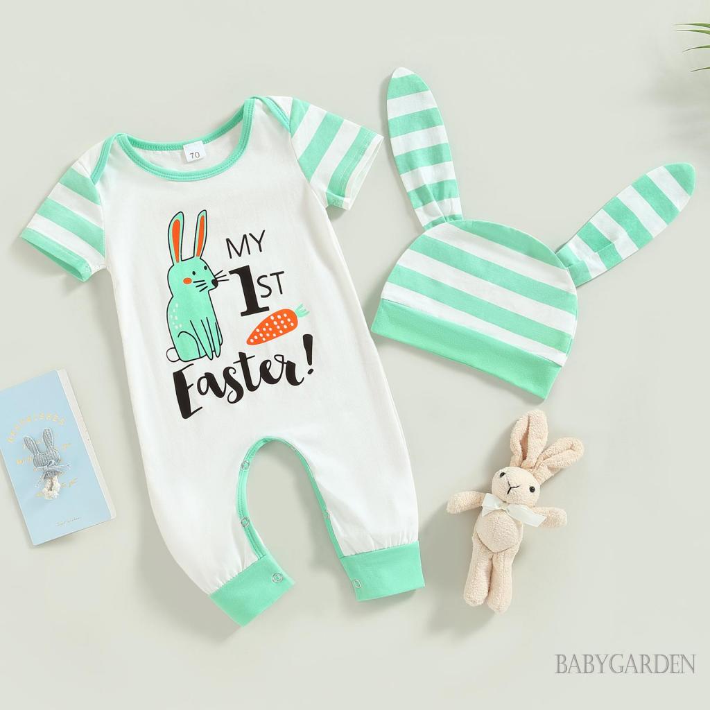 babygarden-ชุดรอมเปอร์-แขนสั้น-พิมพ์ลายกระต่ายน่ารัก-หมวกลายทาง-สําหรับเด็ก