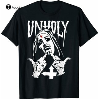 Design Hip Hop Vintage Gift Breathable Satanic Nun Tattoos Unholy Cross T Shirt_04