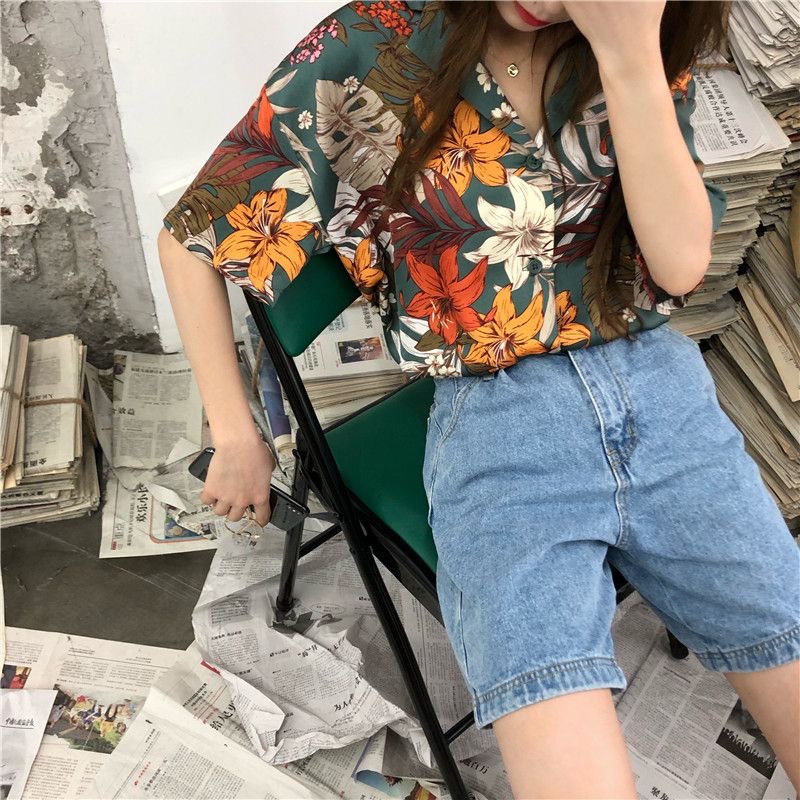 เสื้อเชิ้ตแขนสั้น-พิมพ์ลายดอกไม้-ทรงหลวม-ระดับไฮเอนด์-สไตล์ฝรั่งเศส-เรโทร-เหมาะกับฤดูร้อน