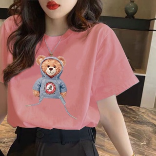 Cartoon Teddy Bear Printing T-shirt Short-sleeved Bottoming Shirt Loose Men and Women Lovers Baju Budak Perempuan 8_02
