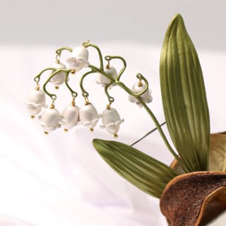 เครื่องประดับ เข็มกลัด ประดับไข่มุก รูปดอกลิลลี่แห่งหุบเขา ใบไม้สีเขียว