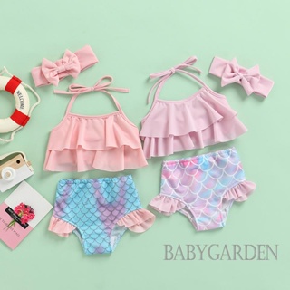 Babygarden- ชุดบิกินี่เด็กผู้หญิง, เสื้อคล้องคอ สีพื้น + ด้านล่างนางเงือก + ที่คาดผม