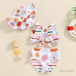 Babygarden ชุดว่ายน้ําแขนกุด คอวี พิมพ์ลายดอกไม้ และกางเกงขาสั้น และหมวก สําหรับเด็กผู้หญิง 3 ชิ้น