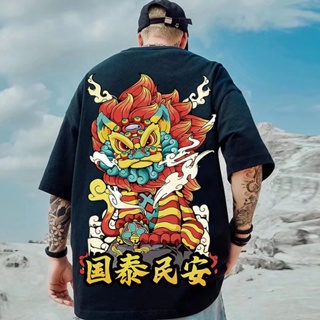 M-8XL Lovers wear national tide personality unicorn print short-sleeved T-shirt men and women trend Chinese style r_01
