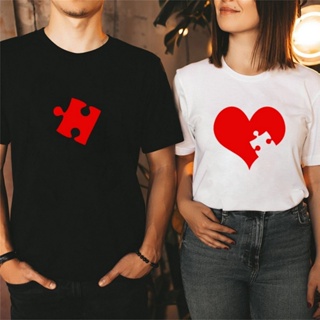 เสื้อยืดผู้หญิง Puzzle Red Heart Print Couple T Shirt Lovers Short Sleeve O Neck Loose Tshirt Fashion Woman Man Tee Shir
