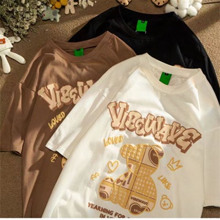 New 100% Pure Cotton Womens T-shirt Summer Round Neck Oversize 4XL Brown Loose Korean Female Shirt Cute Bear Print_07