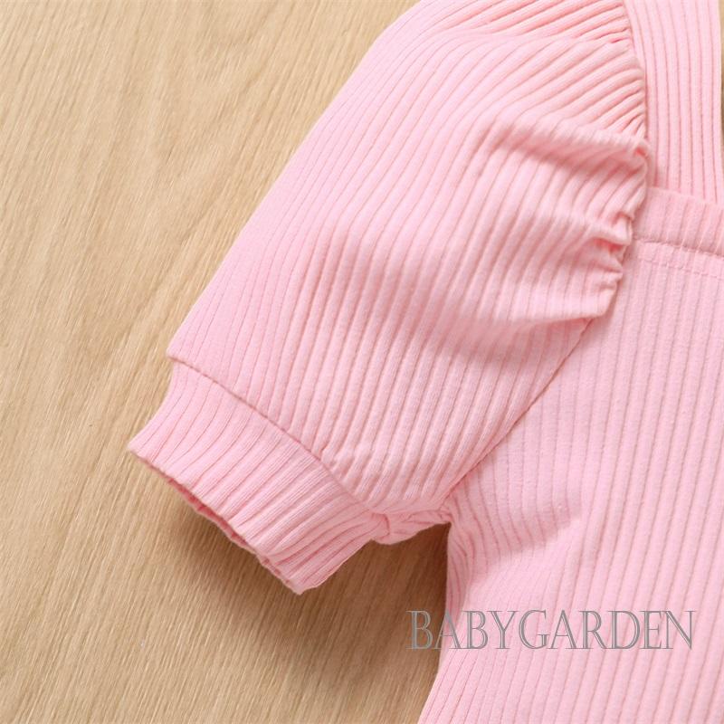 babygarden-1-6-ปี-ชุดเสื้อผ้าเด็กผู้หญิง-เสื้อแขนสั้น-ผ้าถัก-สีชมพู-กางเกงขาสั้น-กระดุม-สีน้ําตาล