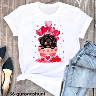 เสื้อยืด พิมพ์ลายสัตว์ Kawaii Chihuahua/Dachshund/Corgi สีขาว สําหรับผู้หญิง วันวาเลนไทน์ 2022_02