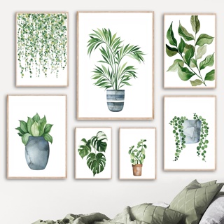 โปสเตอร์ภาพวาดผ้าใบ รูปใบมอนสเตอร่า พืชสีเขียว สไตล์นอร์ดิก เรียบง่าย สําหรับตกแต่งผนัง ห้องนั่งเล่น