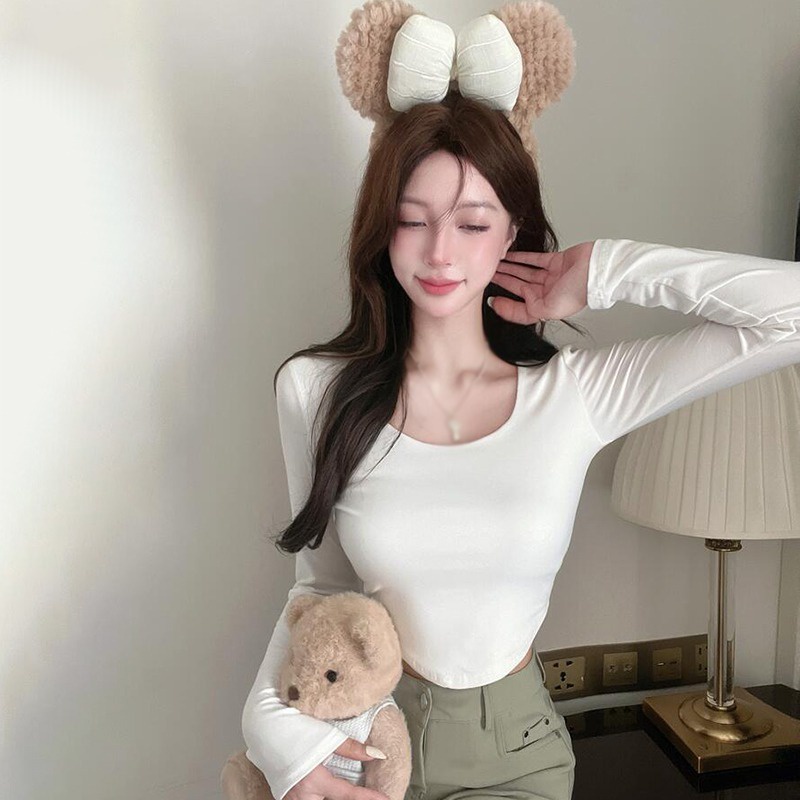 เสื้อครอปท็อปแขนยาว-คอสี่เหลี่ยม-เข้ารูป-สไตล์เกาหลี-สําหรับผู้หญิง