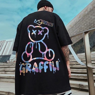 Summer Mens Fashion Round Neck Short Sleeved T-shirt Graffiti Bear Design Print Oversized Shirt For Man Plus Size _07