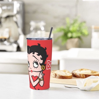 Betty Boop แก้วน้ําสเตนเลส มีฉนวนกันความร้อน พร้อมฝาปิด และหลอดดูด ใช้ซ้ําได้ ของขวัญวาเลนไทน์