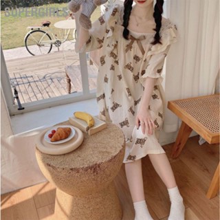 SUPERGIRLS ผู้หญิงแขนสั้นพัฟ Nightgown วินเทจหมีรูปแบบหลวมฟิตติ้งชุดนอน Loungewear ระบายอากาศได้
