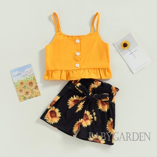Babygarden-1-6 ปี ชุดเสื้อผ้าเด็กผู้หญิง ฤดูร้อน, กระดุมลง Cami เสื้อ + กางเกงขาสั้น ลายดอกทานตะวัน