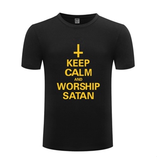 เสื้อยืดผ้าฝ้ายพิมพ์ลาย เสื้อยืด ผ้าฝ้าย 666 พิมพ์ลาย Keep Calm And Worship Satan Demon Gothic Emo สไตล์วินเทจ สําห_01