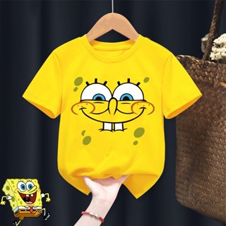 เสื้อยืดแขนสั้นลําลอง พิมพ์ลายการ์ตูน SpongeBob SquarePants สีเหลือง แบบสร้างสรรค์ สําหรับเด็กผู้ชาย และเด็กผู้หญิง