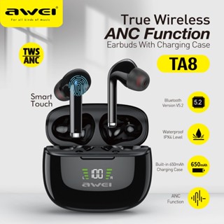 Awei TA8 ANC หูฟังบลูทูธไร้สาย 5.2 Type-C จอแสดงผล LED TWS ลดเสียงรบกวน พร้อมไมโครโฟนคู่