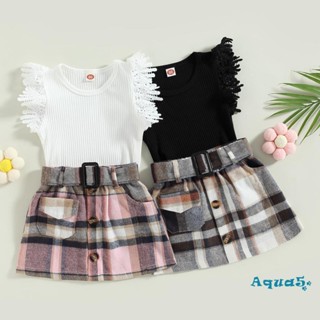 Aqq- ชุดเสื้อแขนสั้น สีพื้น และกระโปรง ลายสก๊อต พร้อมเข็มขัด แฟชั่นฤดูร้อน สําหรับเด็กผู้หญิง