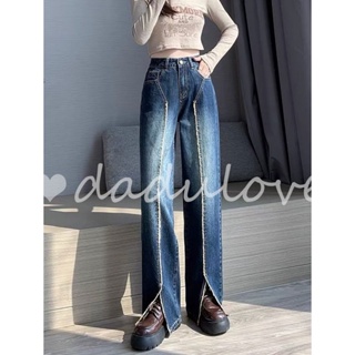 DaDulove💕 New Korean Version of Retro Washed Jeans High Waist Slit Wide Leg Pants Autumn Long Mopping Pants