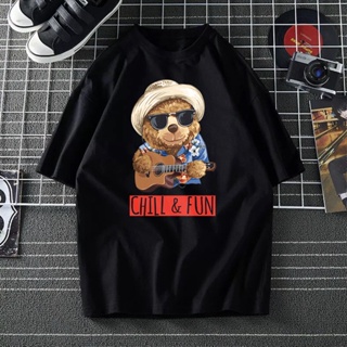 CHILL FUN TEDDY BEAR T-SHIRT WOMEN MEN BAJU LENGAN PENDEK PEREMPUAN UNISEX TEES KAIN COTTON PLUS SIZE 2XL OVERSIZE _02