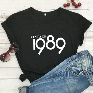 T-Shirt Short Sleeve Womens Crew Neck, Loose, Retro, Printed Letters, 1989 DW229_03
