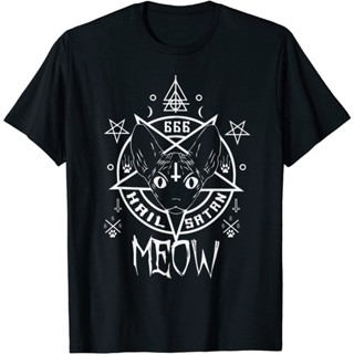 เสื้อยืด พิมพ์ลายแมวตลก Hail Satan Meow Demonic Sphynx Cat 666_01