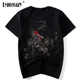 Chinese Style Dragon Kirin Embroidery Tees Shirts Fashion Streetwear Hip Hop Casual Short Sleeve Mens Tshirts_01