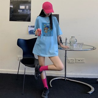 เสื้อยืดแขนสั้นลําลอง ทรงหลวม พิมพ์ลายการ์ตูนน่ารัก สไตล์เกาหลี และญี่ปุ่น แฟชั่นฤดูร้อน สําหรับผู้หญิง