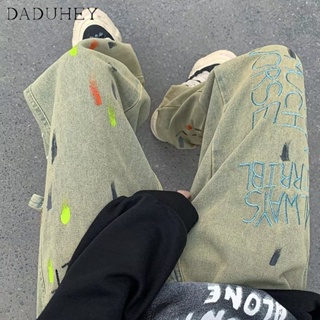 DaDuHey🔥 Mens Hong Kong Style Fashion Personalized Letter Jeans 2023 New Ins Hip Hop High Street Splash-Ink Trendy Casual Pants