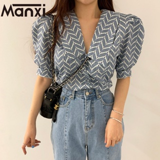 Manxi เสื้อเชิ้ตผู้หญิง เสื้อคอวี ลาย ใส่สบายๆ สินค้ามาใหม่ A25K0FD