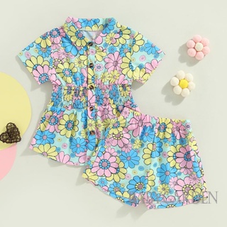 Babygarden-3-7 ปี ชุดเสื้อผ้าเด็กผู้หญิง ฤดูร้อน, เสื้อแขนสั้น ลายดอกไม้ ติดกระดุม + กางเกงขาสั้น เอวยางยืด