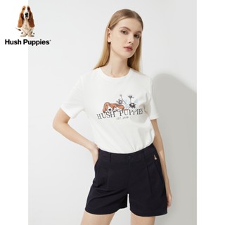 เสื้อยืดแขนสั้น คอกลม พิมพ์ลายตัวอักษร Hush Puppies แฟชั่นฤดูร้อน สําหรับผู้หญิง