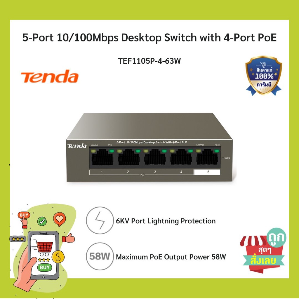 ประกันศูนย์ไทย-tenda-เทนด้า-poe-switch-4port-tef1105p-4-63w