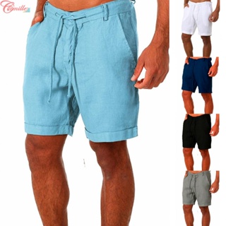 【CAMILLES】Men Cotton Linen Shorts Elastic Waist Drawstring Summer Loose Casual Pants【Mensfashion】