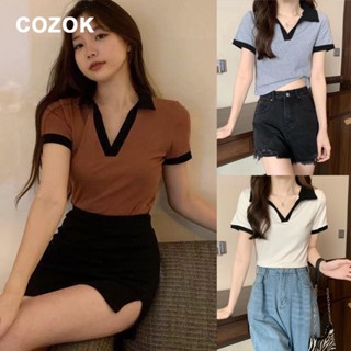 เสื้อยืดโปโล แขนสั้น สีดํา สีขาว สีเทา สีคอนทราสต์ สําหรับผู้หญิง