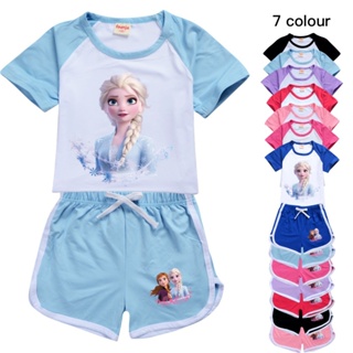 ชุดเสื้อยืดแขนสั้น และกางเกง ลายการ์ตูน Frozen Anna Elsa สุดเท่ แฟชั่นสําหรับเด็ก จํานวน 2 ชิ้น ต่อชุด