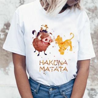 เสื้อยืดลําลอง แฟชั่นสําหรับสตรี แขนสั้น พิมพ์ลาย Hakuna Matata The Lion King Kawaii สไตล์ฮาราจูกุ เหมาะกับฤดูร้อน_05