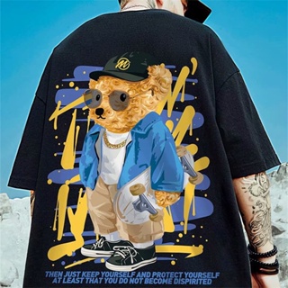 M-8XL Summer personality graffiti bear print t-shirt short-sleeved men and women ins tide brand Korean round neck l_07