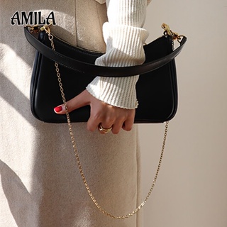 AMILA กระเป๋าสะพายไหล่ใหม่ฤดูร้อนป่าวินเทจ Basic สีดำและสีขาวกระเป๋าสายโซ่