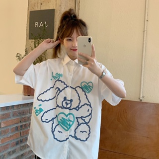 【Miss Sumey】 Women Korean Style Cotton Bear Print Oversized Short Sleeve Top Shirt_07