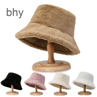 Bhy หมวกบักเก็ต ผ้ากํามะหยี่ขนนิ่ม ขนเฟอร์เทียม ให้ความอบอุ่น แฟชั่นฤดูหนาว สําหรับผู้หญิง