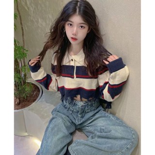 MA Real Shot Real Price~ เสื้อกันหนาว คอปกโปโล แขนยาว ลายทาง สีตัดกัน สไตล์เรโทร อเมริกัน สําหรับผู้หญิง