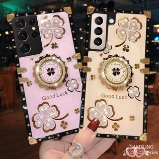 Casing For Samsung Galaxy S23 Ultra S22Ultra Phone Case Lucky Flowers Square Diamond Cover For Samsung S23 Plus S22Plus 5G Shockproof Ring stand Cases