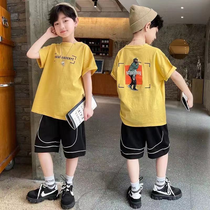 ชุดสูทเด็กชาย-2023-ใหม่ชุดสูทสองชิ้นแขนสั้นผ้าฝ้ายเด็กโต
