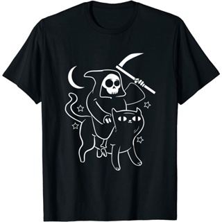 เสื้อยืดครอปกระหน่ํา เสื้อยืดลําลอง แขนสั้น พิมพ์ลาย Grim Reaper Ride Satan Cat Demonic Evil Devil Occult สไตล์วินเ_04