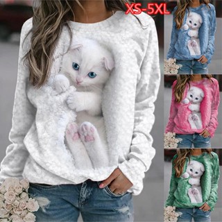 Plus SIZE เสื้อยืดลําลอง แขนยาว คอกลม พิมพ์ลายแมว 3D สําหรับผู้หญิง