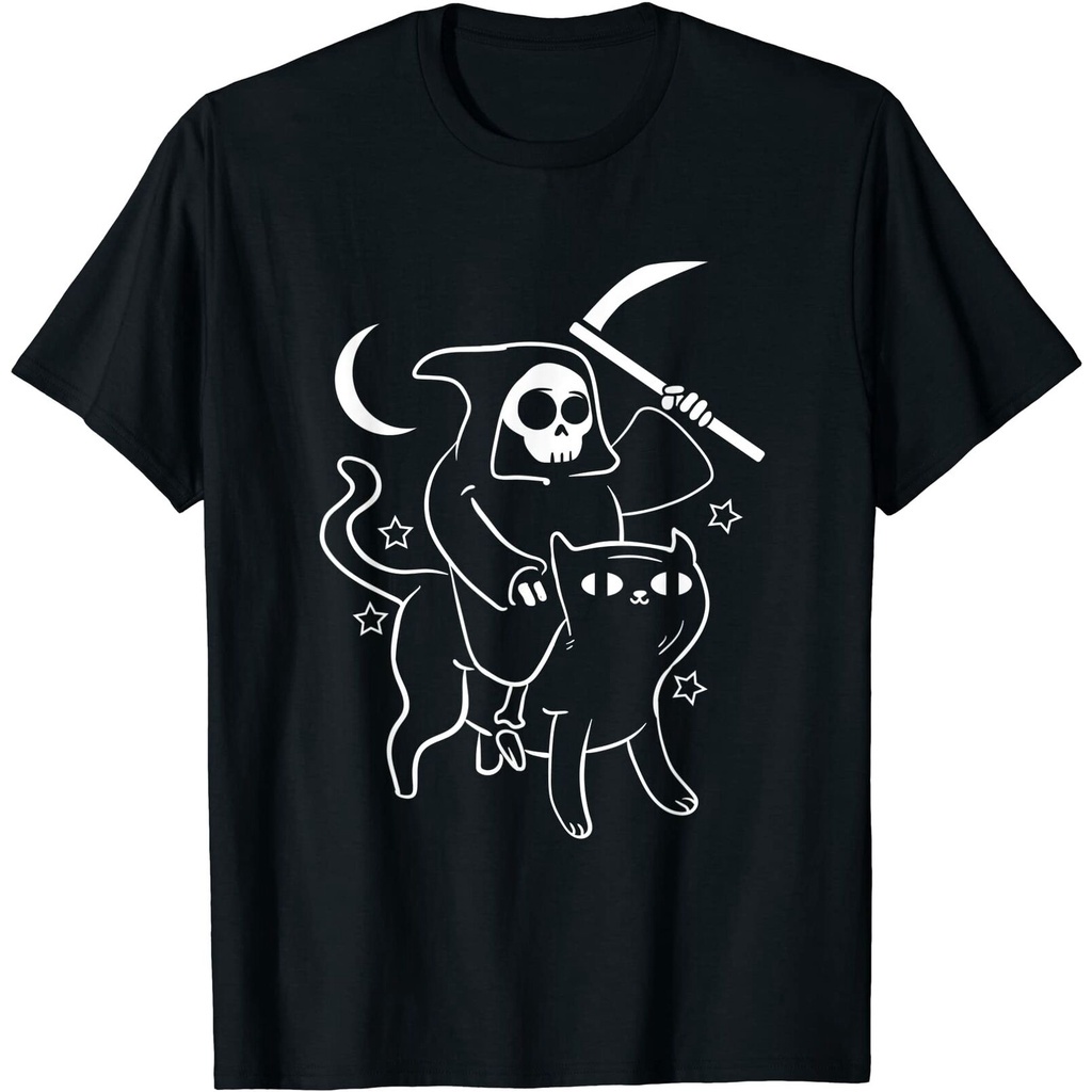 เสื้อยืดครอปกระหน่ํา-เสื้อยืดลําลอง-แขนสั้น-พิมพ์ลาย-grim-reaper-ride-satan-cat-demonic-evil-devil-occult-สไตล์วินเ-01