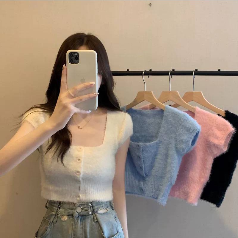 ff-shop-เสื้อครอปแขนสั้น-ขนมิ้ง-ครอปคอเหลี่ยม-แต่งกระดุม-ขนนุ่มนิ่ม-สีสันสดใส-น่ารัก-เกาหลี-a39