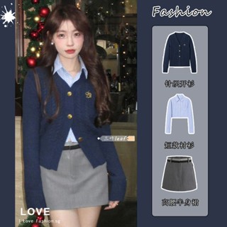 #เสื้อผ้าสตรีชุดสูทสามชิ้นของผู้หญิงฤดูใบไม้ร่วงและฤดูหนาวใหม่สไตล์วิทยาลัยถักเสื้อสเวตเตอร์ถัก + เสื้อเชิ้ตลายทาง + กระ