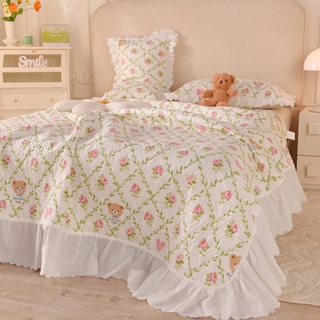3 IN 1 ผ้าห่ม ผ้าคลุมเตียง พิมพ์ลายดอกไม้ สไตล์เกาหลี แฟชั่นฤดูร้อน สําหรับเตียงควีนไซซ์ คิงไซซ์